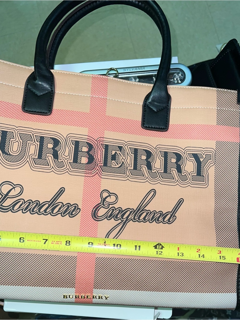 Logo Tote in Beige and Pink Plaid